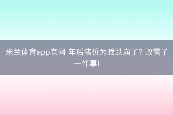 米兰体育app官网 年后猪价为啥跌崩了? 败露了一件事!