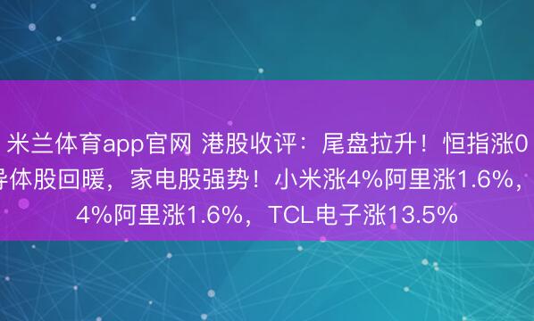 米兰体育app官网 港股收评:尾盘拉升!恒指涨0.91%,汽车股半导体股回暖,家电股强势!小米涨4%阿里涨1.6%,TCL电子涨13.5%